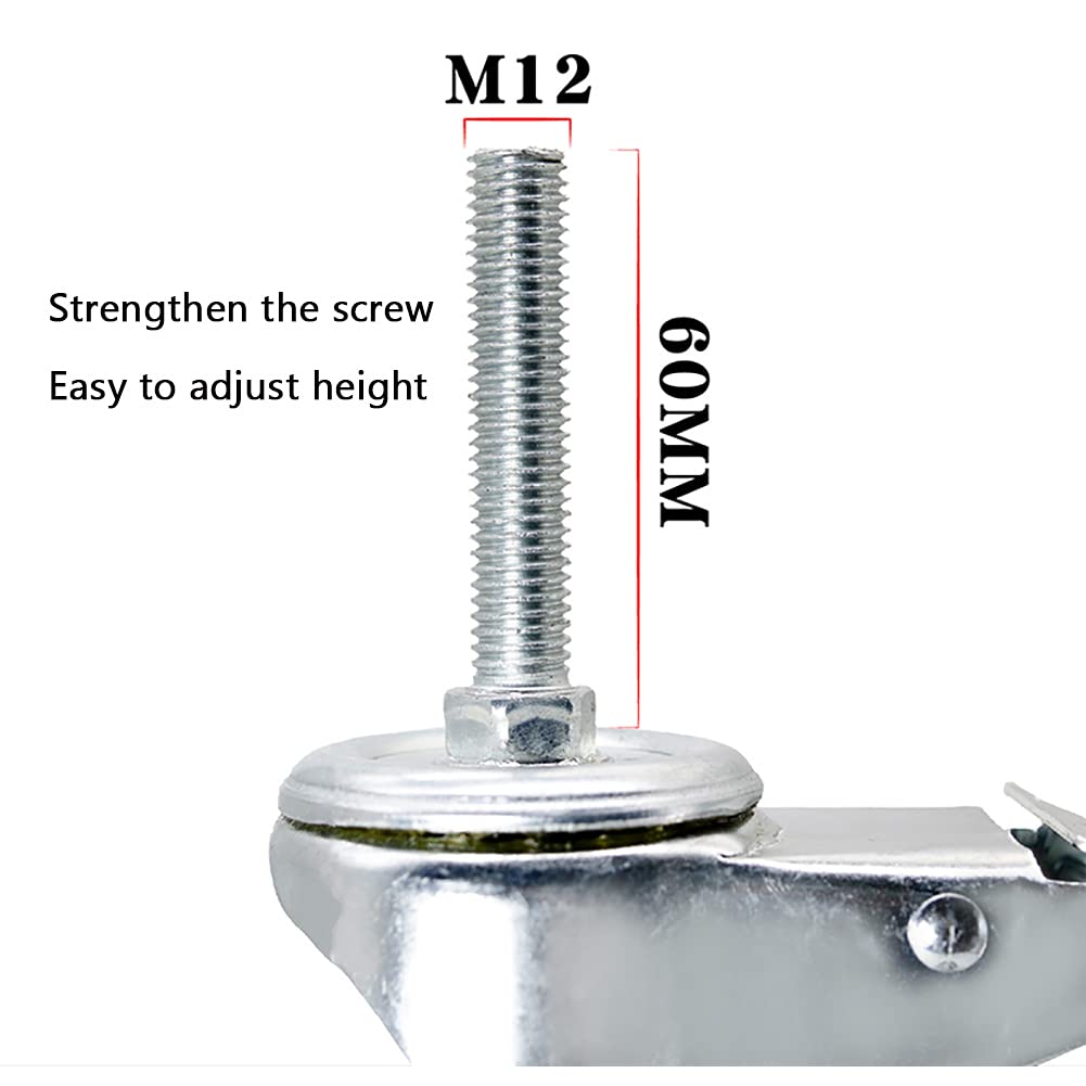 Schwerlastrollen 4 Zoll, M12x60mm Gewinde Verschleißfest 100mm Pu Universal- Drehen Lenkrollen Mit Bremse 540KG Doppellager Industriell Transportrollen Zum Gerüst Werkbank