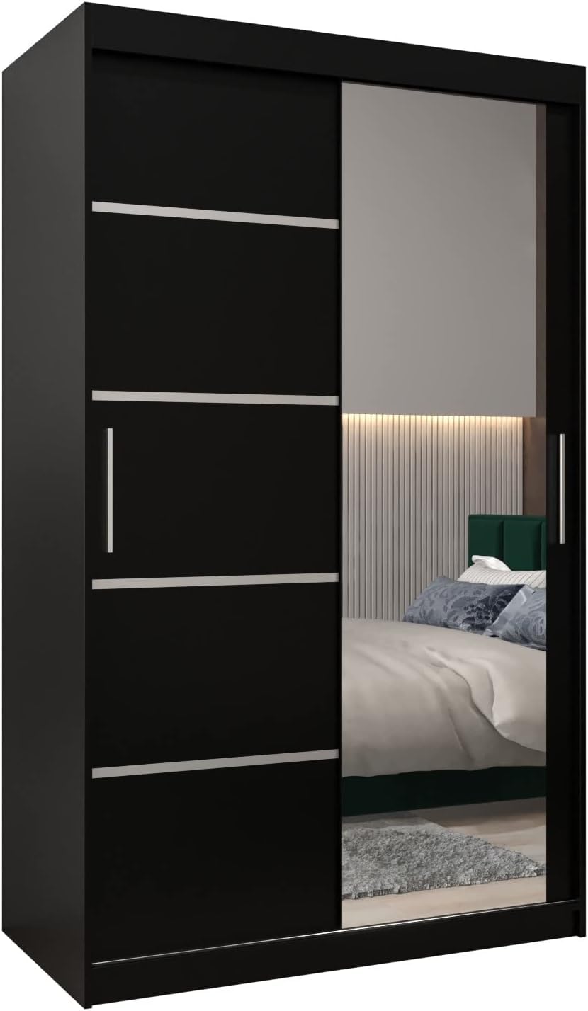 Furnilife Wardrobe With 2 Sliding Doors For Bedroom - Modern Wardrobe With Mirror And Shelves -Black Color(Wxhxd): 120X200X62 Cm, Suitable For Bedroom, Laundry Room, Closet, Garage, - Engineered Wood