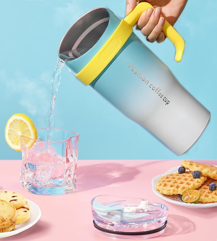 Image of MOOKA 1200ML Stainless Steel Tumbler Hot and Cold with Handle and Lid 2 Straw, Double Insulated Cup 100% Leak Proof Mug Cupholder for Gym, Travelling (Blue White)