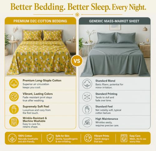 Image of BSB HOME 210 TC Cotton Feel Double Bedsheet with 2 Pillow Covers, Soft & Breathable Floral Printed Bed Sheet, Easy Care Bedding for Bedroom - 86 x 88 Inches (218 x 224 cm) (Mustard Yellow)
