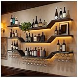 TAUODUYY Industrial Metal Vino para con Portavasos, Grande Botellero de Pared de Metal con luz LED, 3 Niveles Flotante para Vino exhibición, de hogar Restaurante Bares (Negro, 160cm)