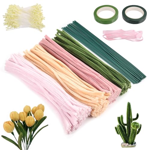 400 Piezas Limpiapipas para Manualidades, Kit de Flores de Limpiapipas, Set de Tulipanes de Limpiapipas, Limpiapipas para Ramos DIY, con Cinta Floral, Alambre, Estambres, etc