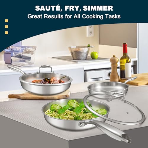 Image of Tri-Ply Stainless Steel Frying Pans Set with Lid, EWFEN 8 inch /10 inch /12 inch Cooking pans, PFOA&PTFE Free Skillet, Induction Cooking Pan, Dishwasher and Oven Safe, Fast & Even Heat, Suitable for All Stove