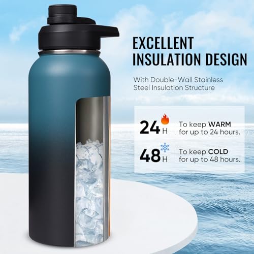 Image of Fijinhom Insulated Water Bottle with Handle, 304 Stainless Steel Water Bottles with Wide Mouth, Double Wall Vacuum Sports Water Bottle, BPA Free, Keep Cold and Hot, 32 Ounces Blue&Black