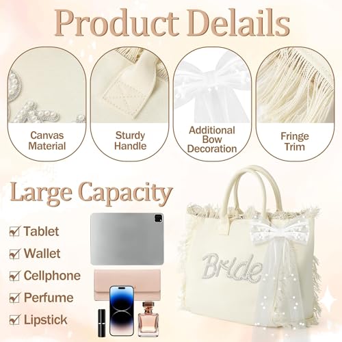 Bolso tote de lienzo para novia grande con lazo y flecos blancos miniatura 5