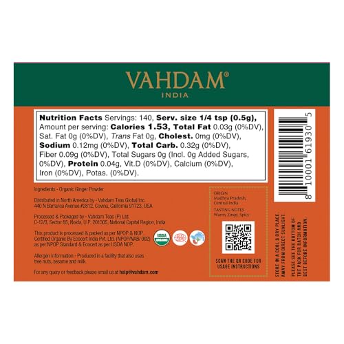 Image of VAHDAM, Organic Ginger Powder (2.47oz) 100% Raw Ground Ginger Root Powder from India | Active Gingerol - Non GMO, Gluten Free | Direct from Source