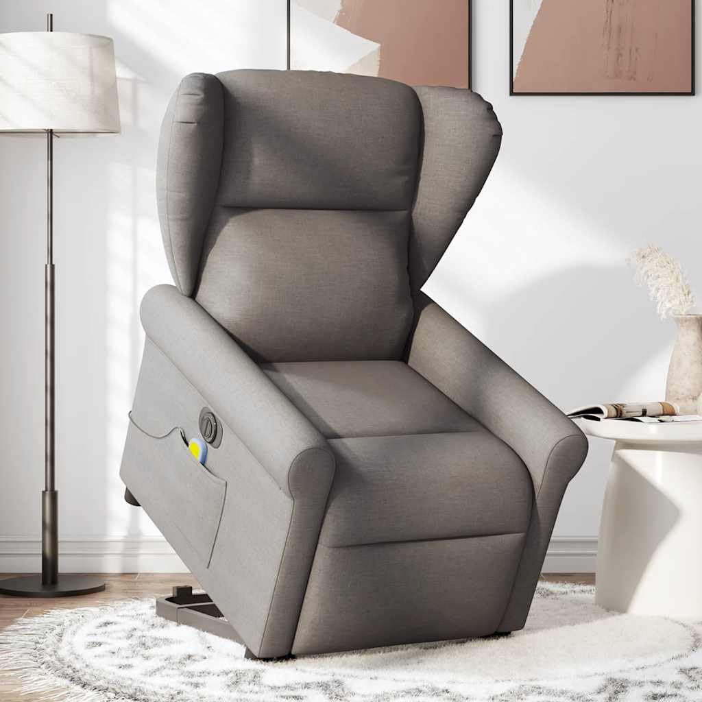 Sillón elevador eléctrico reclinable de tela gris con 6 puntos de masaje, función de elevación y reclinación eléctrica a 135 grados, estructura