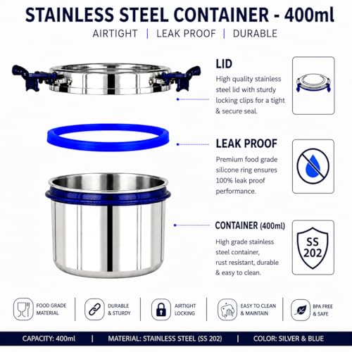 Image of Stainless Steel Lunch Box with Airtight Leakproof Lid,Easy to Clean Tiffin Box for Office,School & Kids,Navy Blue,Set of 1 (400ML) Tall