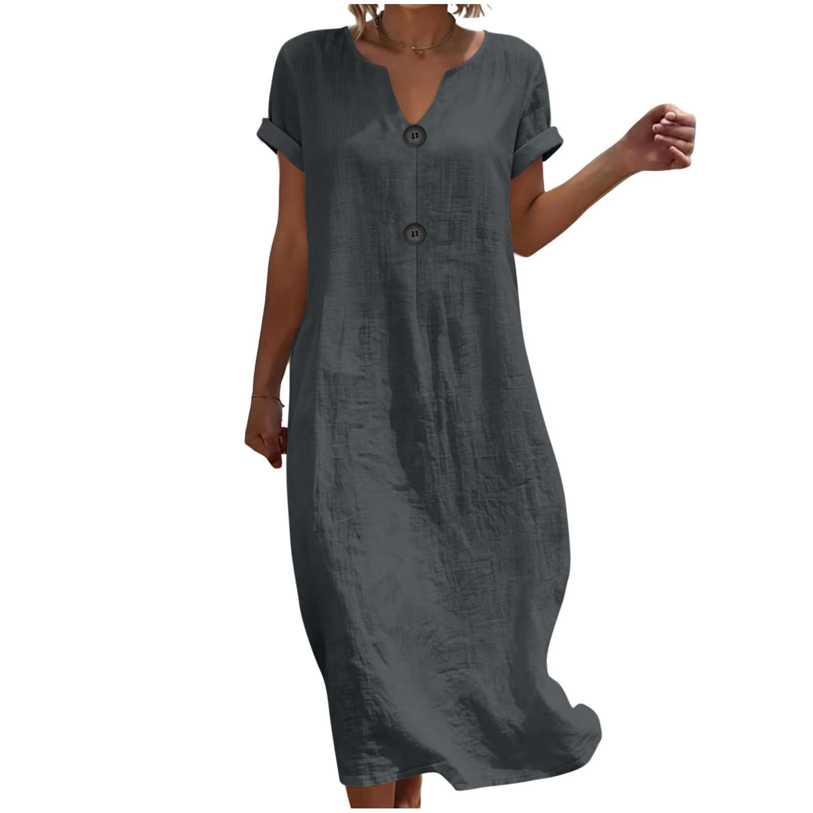 Strandkleid Damen Sommerkleid Damen Leinenkleid Midi Kleid Leicht und Luftig Musselin Kleid V-Ausschnitt Kurzarm Etuikleid mit Knopf Weich Shirtkleid Einfarbig Midikleid Hohe Taille Sommerkleid
