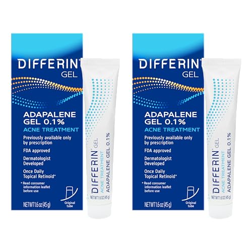 Differin Acne Treatment Gel, 60 Day Supply, Retinoid Treatment for Face with 0.1% Adapalene, Gentle Skin Care for Acne Prone Sensitive Skin, 15g Tube (Pack of 2) (Packaging May Vary)