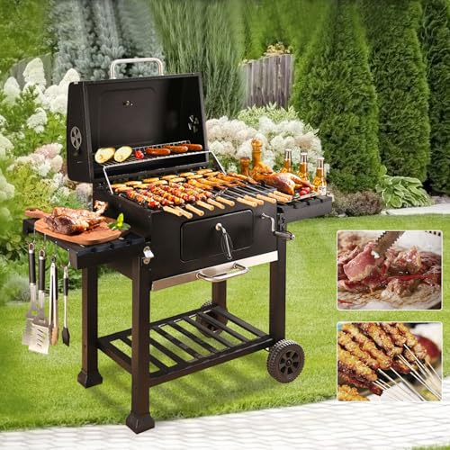 Triclicks Barbecue au charbon de bois portable, avec couvercle, jauge de température, tables d'appui et roues, pour jardin, pique-nique, fête, camping, cuisine