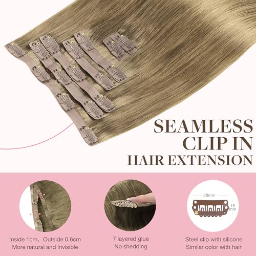 Image of GOO GOO Clip in Hair Extensions Real Human Hair, Remy Human Hair Extensions Clip ins for Women, Natural Human Hair, 18inch 110g 7Pcs, 7 Bronde