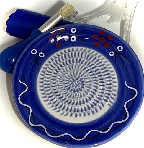 Image of BonCera, All-in-one 4pcs Premium Ceramic Garlic Grater Set - HandMade, Blue Stoneware Design Grater Plate Garlic Peeler, Gathering Brush, Display Stand, It's also grating Turmeric, Ginger, and more.