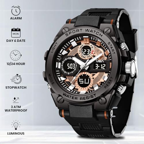 Image of V2A Stryke-TERRAX 5220 Analog-Digital Sports Watch for Men | Bold 3D Dial Design | 50M Waterproof Quartz Watch with Alarm, Stopwatch, Day-Date & Backlight | Rugged Everyday Performance