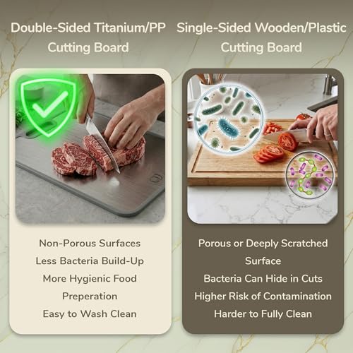 Image of Titanium Cutting Board Double-Sided 2-in-1 (99.9% Titanium + PP), 15 inch x 10 inch, with Accessories (Finger Guard, Glove, Thumb Knives) - Kitchen Metal Chopping Board for Meat, Fruits & Vegetables