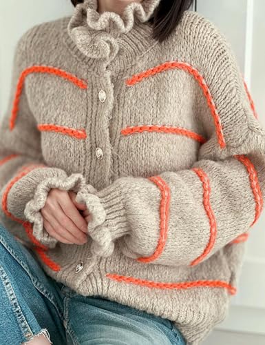 QIBABU Womens Striped Cardigan Sweaters Casual Button Down Chunky Ruffle Open Front Knit Outwear2