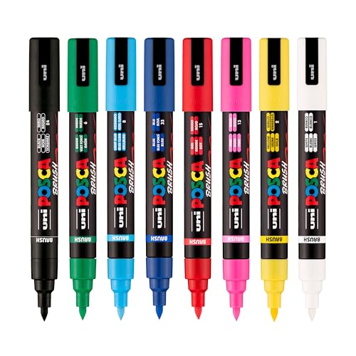Image of POSCA PC-5BR Water-Based Paint Markers, Reversible Brush Tip (1.0-4.0mm), Assorted Colors, 8 pack