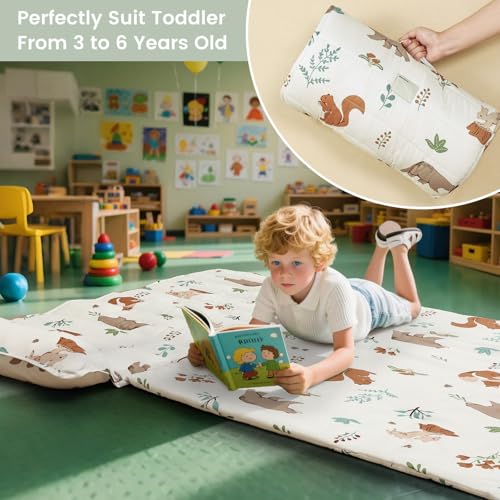 Image of PHF Soft Toddler Nap Mat with Removable Pillow, Rollup Design Kids Sleeping Mat, Slumber Bags for Boys Girls, 50 inchx20 inch Toddler Sleeping Bag for Daycare Preschool Travel Camping, Woodland