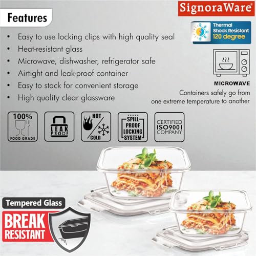 Image of Signoraware Safe Store Glass Square Containers | Airtight & Leakproof | Microwave Safe | Ideal for Reheating, Baking or Serving, Office Lunch & Outdoor Activities (320ml+520ml | Setof2 | Clear)