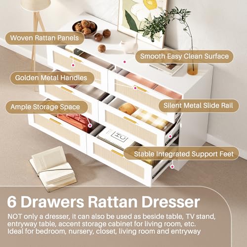 Image of Redlife White Dresser for Bedroom, 6 Drawer Dresser with Golden Handles, Wood Storage Chest of Drawers for Closet, Living Room, Hallway and Entryway - Easy Assembly