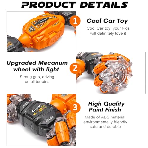 Image of VGRASSP Dual Control Twisting Drift Stunt Car Toy for Kids with Remote Control and Gesture Wrist Controller - Rechargeable 360 Rotating RC Car Toy with LED Lights, Sound Effects - Orange