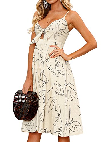 FANCYINN Womens Tie Front Button Down A-Line Dresses Summer Spaghetti Strap Midi Dress Floral Prints2