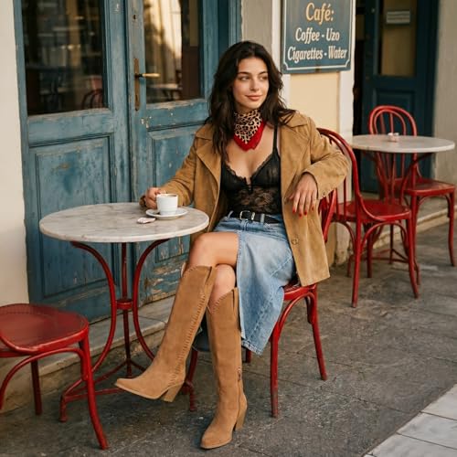 Image of wetkiss Women's Knee High Cowboy Boots | Western Cowgirl, Embroidered Pointed Toe, PU Leather, Chunky Heel, Pull On Tall
