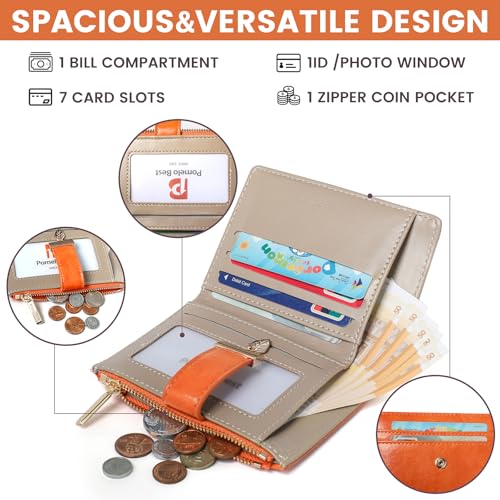 Image of Pomelo Best Wallet Women Bifold Leather Wallets for Women Credit Card Holder with ID Window Zipper Coin Pocket Orange
