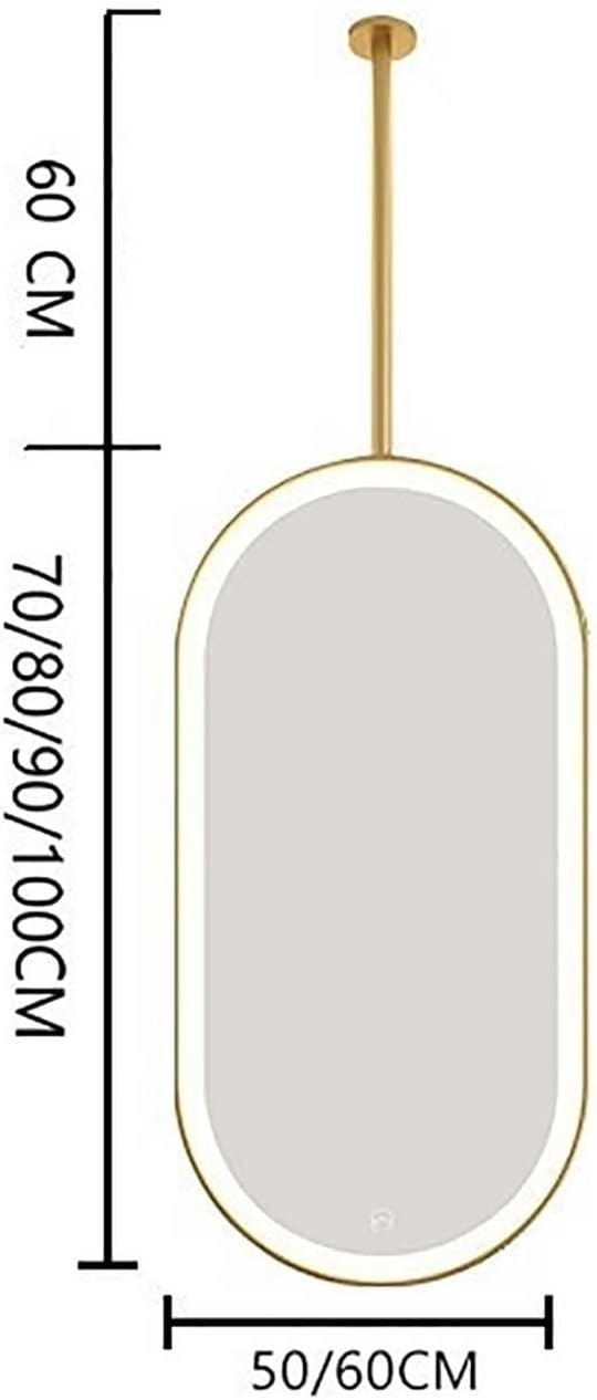 Black Metal Pole Ceiling Suspended LED Mirror Ceiling Mounted Suspended Corridor Bathroom Mirror Easy to Install for Living Room Entrance Hall(Gold,50 * 80cm/20 * 32in)