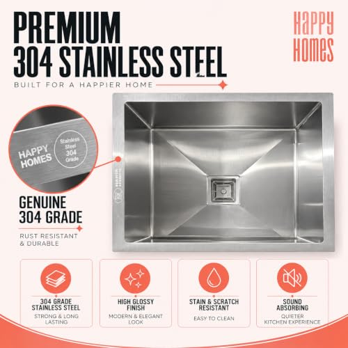 Image of HAPPY HOMES HAPPY HOMES 24x18x10 Inch Kitchen Sink 100% Stamped 304 Grade Stainless Steel with Nanocoated Undercoating, Sound Dampening |Square Coupling and Metal Fruit Basket | 25 Years Warranty