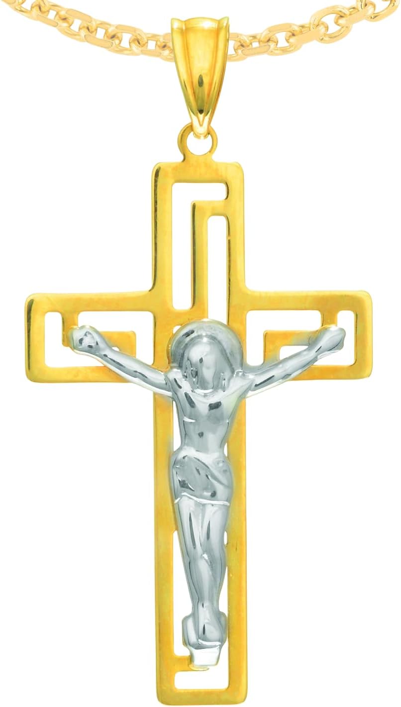 Floreo 14k Yellow Gold 1.1" Greek Key Jesus Crucifix Two-Tone Cross Charm Pendant with optional Adjustable Chain Necklace