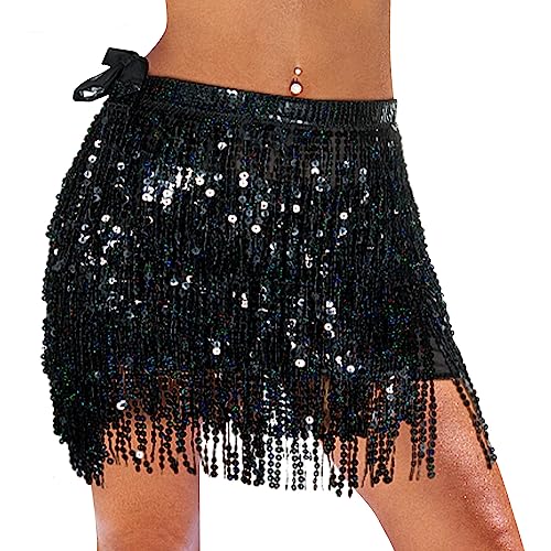 Monbessi Glitzer Rock Damen Pailletten Rock Stilvoll Glitzer Rock Karneval Fransen Rock (Schwarz)