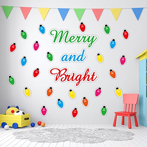 Image of Christmas Bulletin Board Decorations, Merry and Bright Light Bulb Paper Cutouts Xmas Holiday Winter Classroom Wall Decorations for Kids Nursery Home Bedroom