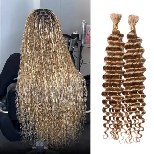Wequeen 16A Human Braiding Hair Deep Wave 100g 18 Inch 100% Unprocessed Brazilian Virgin Hair No Weft Bulk Human Hair for Braiding Curly Hair Extensions for Boho Braids, Honey Blonde