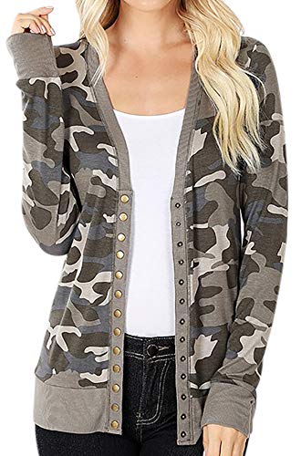 Women Long Sleeve Camouflage Snap Button Cardigan Jacket Sweater Open Front