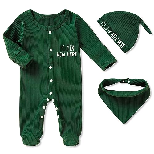 Image of ZOELNIC Newborn Infant Baby Boy Coming Homing Clothes Letter Print Button Knit Footed Romper Jumpsuit Hat Bibs 3pcs Outfit