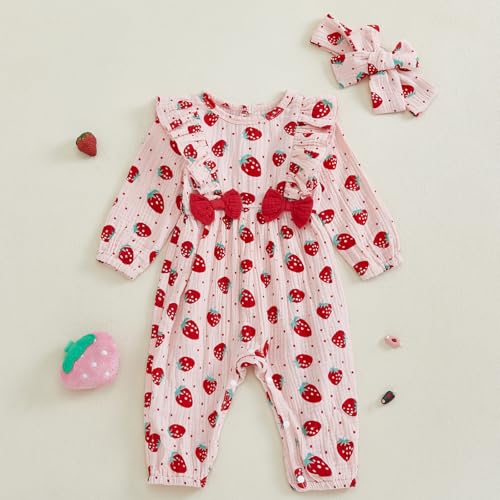 Infant Baby Girls Romper Strawberry Print Bow Long Sleeve Ruffle Full Length Jumpsuit Cute Headband 2Pcs Sets2