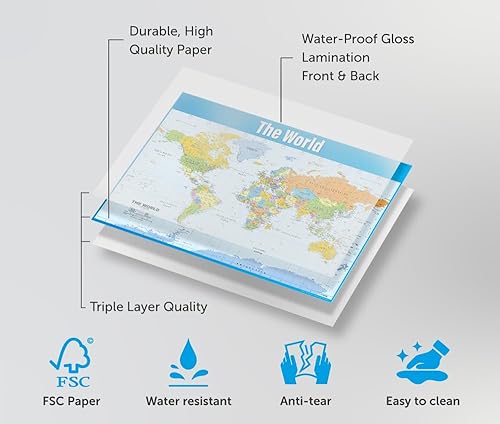 Miniatura 4 de Póster de mapa del mundo para el aula, extragrande, 33 x 23.5 pulgadas, laminado, decoración de clase de escuela media y secundaria de geografía,