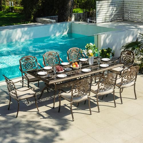 ADREAK 9-Piece Cast Aluminum Patio Furniture Set, All-Weather Cast Aluminum Outdoor Dining Set for 8, Includes 88’’Rectangular Dining Table & 8 Stackable Patio Dining Chairs with Cushions, Beige