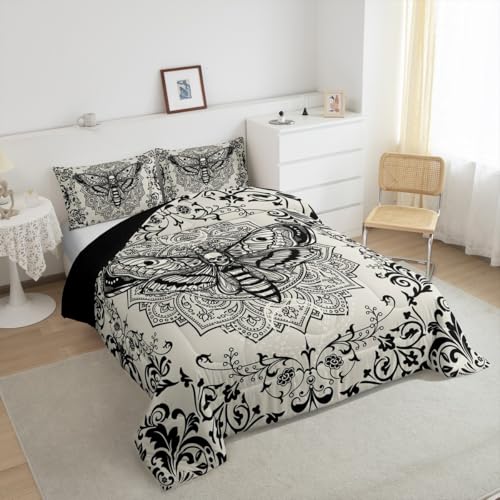 Image of Feelyou Boys Girls Gothic Decor Comforter Set Twin Size, Death Moth Skull Bedding Set Kids Boho Damask Duvet Insert Teens Bedroom Decor Bed Set 2Pcs