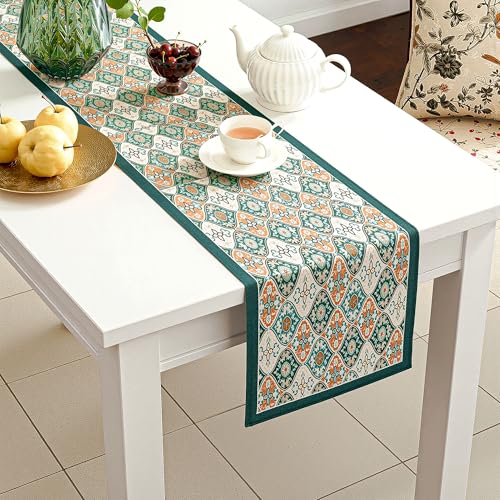 Image of Heart Home Velvet 13x72 Inch Table Runner for Home Decor | 6 Seater Dining Table Place Mat Elegant Soft Feel /Machine Washable | Pyramid 1348 - Cream & Green