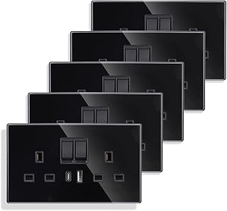 JIMEIDA 5 Pack Double Switched Socket 13 Amp with USB A and Type C Charging Ports Crystal Black Glass Panel Wall Outlet Electric Power Socket