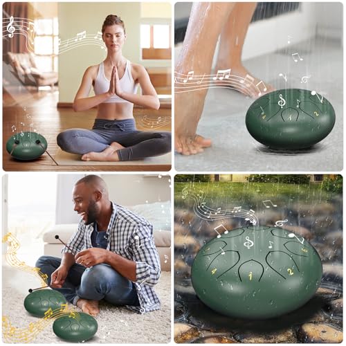 Image of Rain Drum for Outside Garden, 6 Inches 8 Notes Steel Tongue Chakra Drums, Waterproof Meditation Rain Chime, Musical Instruments for Adult Gift with Bag, Music Book, Drum Mallets (Green)