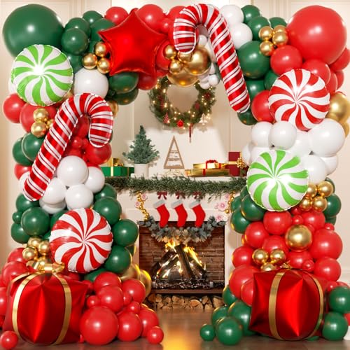 Image of 165Pcs Christmas Balloon Arch Garland Kit with Xmas Red White Green Gold Latex Balloons Gift Box Candy Cane Star Foil Balloons Arch Kit for Christmas New Year Party Birthday Party Decorations
