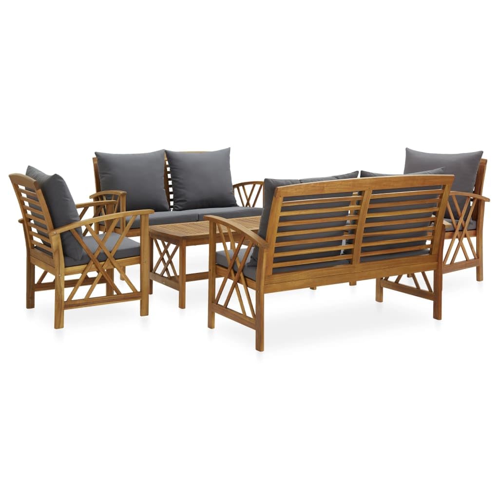 Juego de salón de jardín de madera maciza de acacia con acabado al aceite, incluye cojines gruesos para asiento y respaldo, mesa de café con diseño de lamas, respaldo curvado y reposabrazos