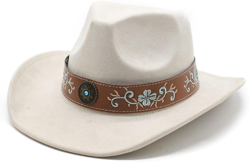 Western Cowboy Hat, Brown, Faux Leather Band with Turquoise Floral Embroidery