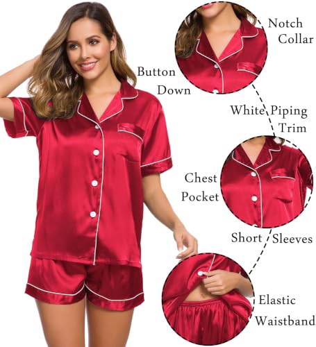 Image of LecGee Womens Silk Satin Pajamas Short Sleeve Loungewear Two-Piece Sleepwear Button-Down Pj Set