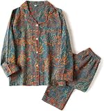 Vintage Leaf Cotton Lapel Loungewear Set, Ginkgo Leaf Button Colorful Floral Pure Pajama, Women's Pajama Two Piece Set (Style I,L)