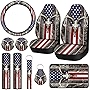 10 Pieces American Flag Wood Deer Skull Camo Print Car Accessories Set Car Steering Wheel Cover Thickened Car Seat Covers Keyring Car Cup Holder Armrest Pad Seat Belt Pads Wrist Strap for Car