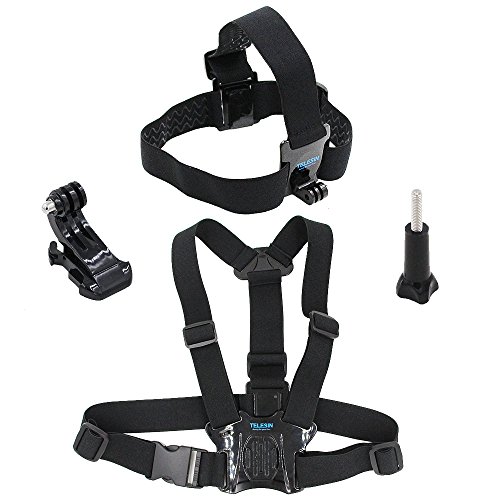 telesin cabeza correa cinturón Mount + pecho Cinturón Correa Arnés Monte + Aluminio Tornillo de mariposa + J-Hook para GoPro HD Hero4 Hero3 + Hero3 Hero2 SJ4000, SJ5000 Cámaras ajustable cinturón Mount (negro)